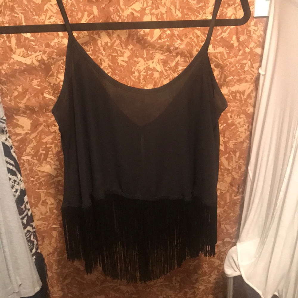 Black fringe satin tank
